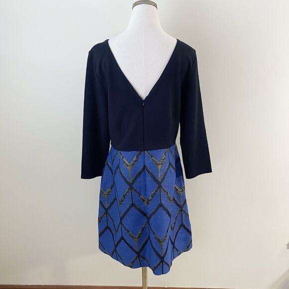 Slate & Willow Black/Blue Printed Jacquard Dress Size 12 Long Sleeve Scoop Neck - Picture 6 of 11